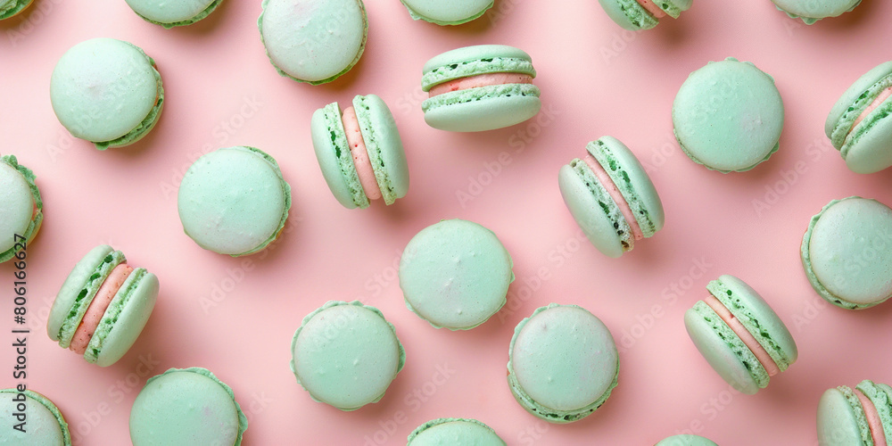 Assorted green and pink macarons arranged in a pattern on a soft pink background Assorted green and pink macarons arranged in a pattern on a soft pink background