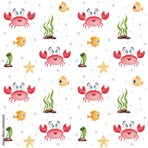 Watercolor seamless pattern with cute cartoon crabs and fish. Funny ocean background for textile or wallpaper design.