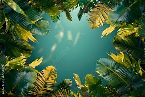 fond vert encadr   par des feuilles tropicales vertes et dor  es avec espace vide au centre