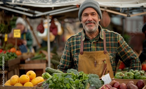 A gray-haired man with a beard stands at his vegetable stand in an outdoor market.