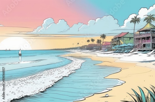 panoramic view of a bustling beach with waves gently lapping at the shore, lined with hotels and palm trees under a pastel sky. Perfect for representing popular tropical vacation destinations