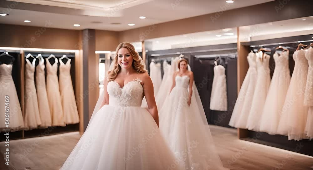 Happy bride in a wedding dress store. Happy bride in a wedding dress store.