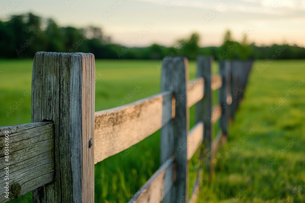 An aged wooden fence lines a vibrant green field under a sunset sky, showcasing textures and natural beauty An aged wooden fence lines a vibrant green field under a sunset sky, showcasing textures and natural beauty