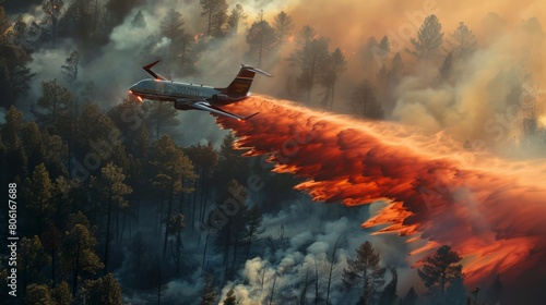 An aerial firefighting tanker dropping retardant on a forest fire, deploying strategic aerial suppression tactics to contain the blaze. photo