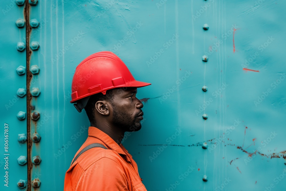 a construction worker stands against a textured blue wall, wearing orange safety attire and a red helmet a construction worker stands against a textured blue wall, wearing orange safety attire and a red helmet