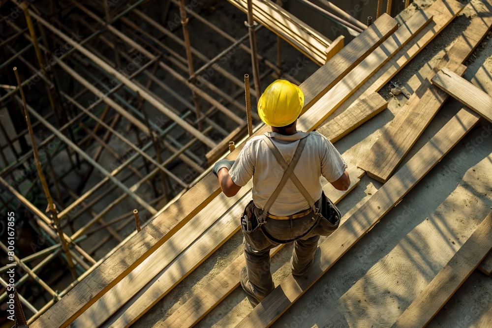 High-angle shot showing a worker from above as he navigates over wooden planks at a construction site