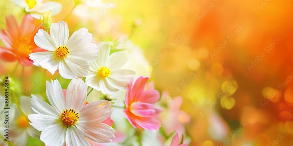 A floral display of colorful cosmos flowers bathed in soft sunlight, representing joy and the beauty of nature. copy space