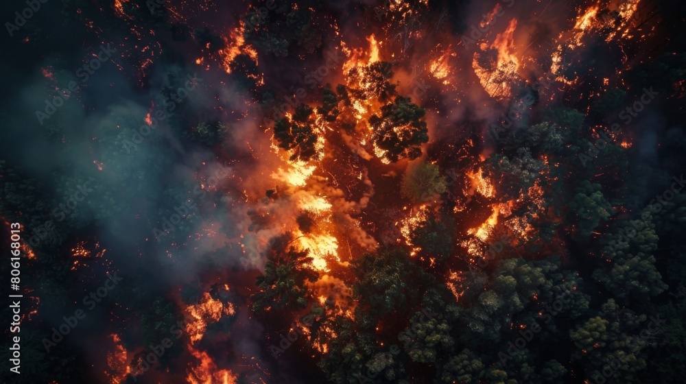 An aerial view of a forest fire burning through dense vegetation, leaving a trail of destruction in its wake as it consumes everything in its path. An aerial view of a forest fire burning through dense vegetation, leaving a trail of destruction in its wake as it consumes everything in its path.