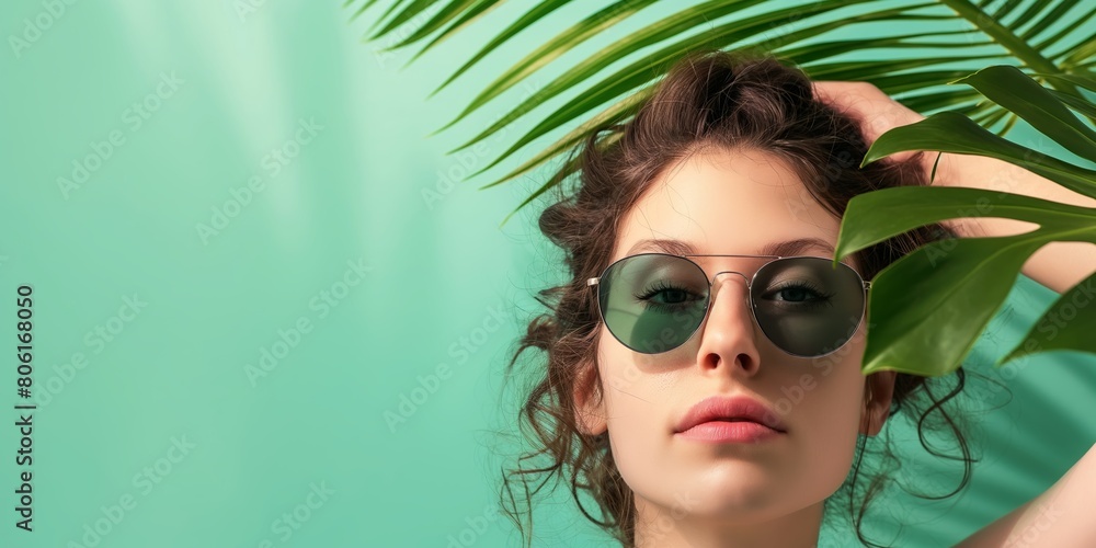 An elegant woman with stylish sunglasses posing with tropical greenery. copy space
