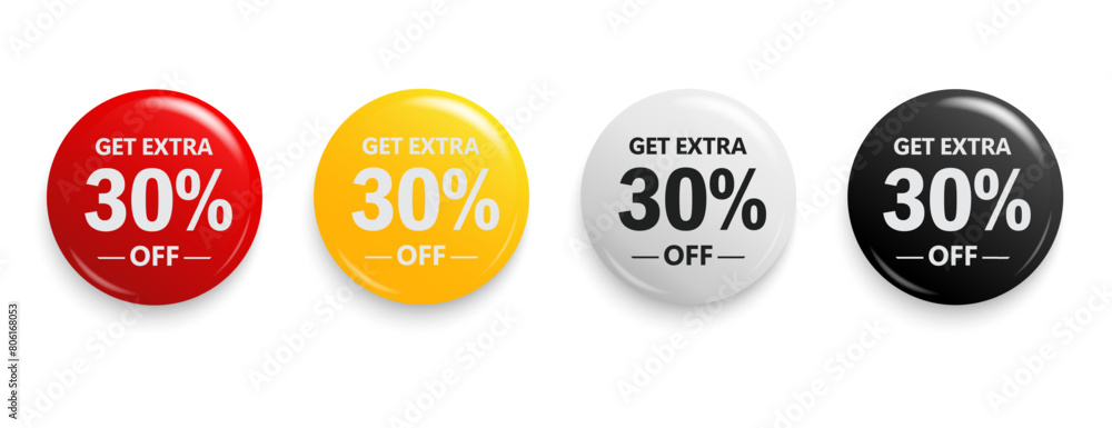 Get Extra 30% off sign. Discount offer price sign. Discount tag for shopping, marketing, advertisement, banner and web. Vector illustration.