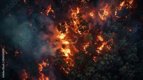 An aerial view of a forest fire burning through dense vegetation, leaving a trail of destruction in its wake as it consumes everything in its path.