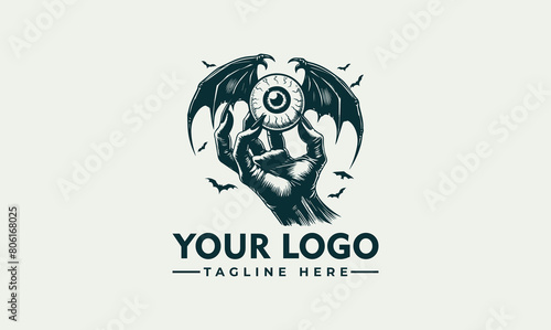 Monster Hand With Winged Eye Vector logo Design  holding an eye with bat wings