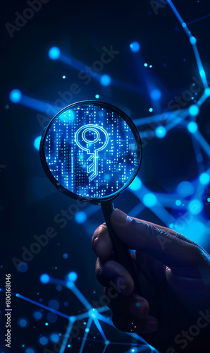 digital key under magnification glass for privacy and security protect, technology and information safety, cyberspace password concept