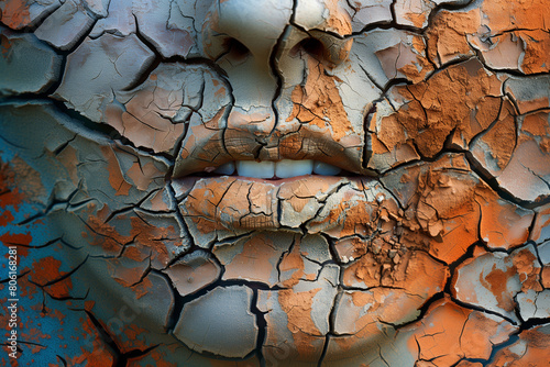 a mouth with blue and orange cracked paint texture suggesting dryness of skin and lips photo