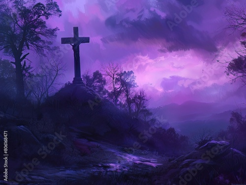 A lone cross stands vigilant on a hill, twilights purple hues draping over the silent woods, falls final colors glowing softly photo