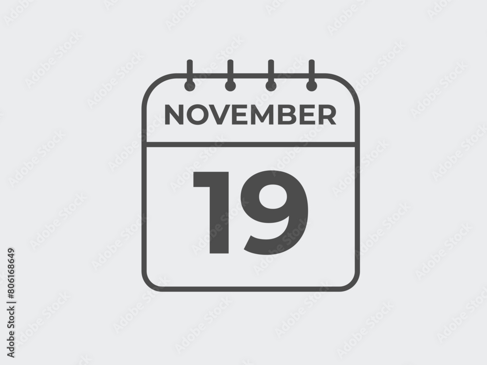 November 19 calendar reminder. 19 November daily calendar icon template. Calendar 19 November icon Design template. Vector illustration
November 19 calendar reminder. 19 November daily calendar icon template. Calendar 19 November icon Design template. Vector illustration
