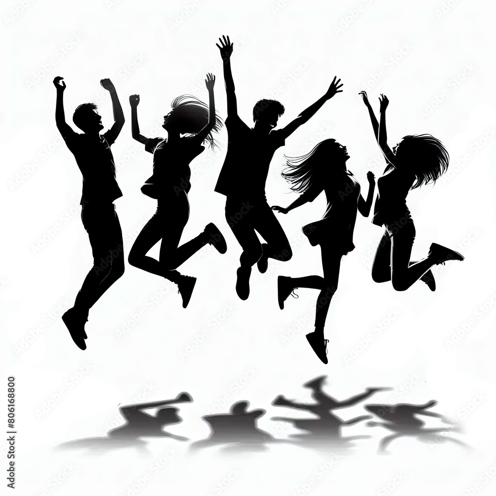 Silhouettes of a team of young people jumping together. Black and white Silhouettes of a team of young people jumping together. Black and white