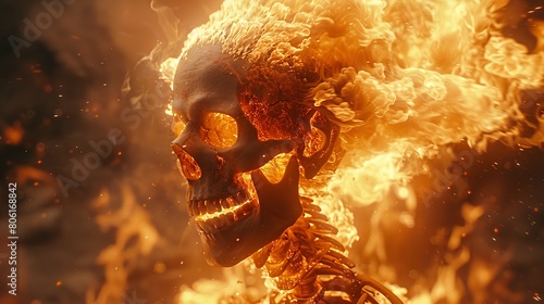 Fiery human skull and shoulders in golden flames symbolizing mortality, passion, and the transcendent nature of the human spirit, Concept of mortality and metaphysics photo