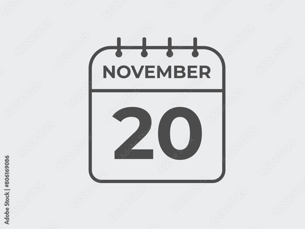 November 20 calendar reminder. 20 November daily calendar icon template. Calendar 20 November icon Design template. Vector illustration
November 20 calendar reminder. 20 November daily calendar icon template. Calendar 20 November icon Design template. Vector illustration