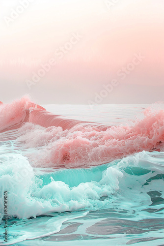 A serene scene of pale pink and soft aqua waves gently colliding, creating a soothing visual that mimics a peaceful dawn sky.