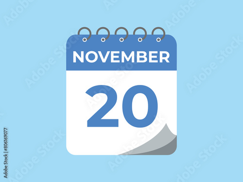 November  20 calendar reminder. 20 November  daily calendar icon template. Calendar 20 November  icon Design template. Vector illustration
