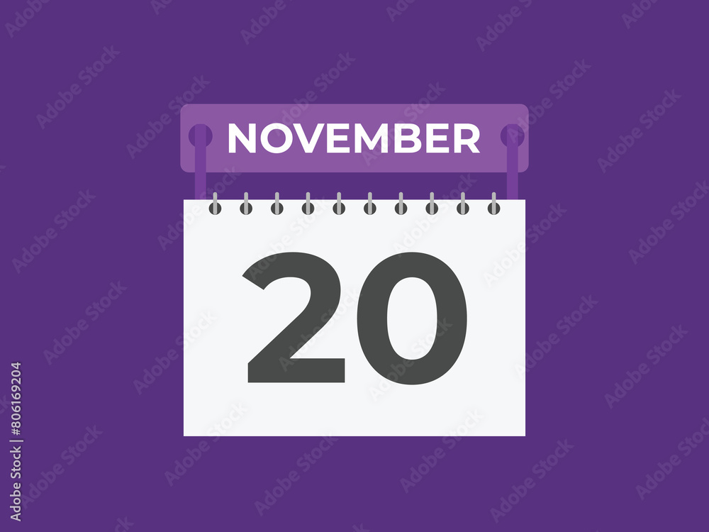 November 20 calendar reminder. 20 November daily calendar icon template. Calendar 20 November icon Design template. Vector illustration
November 20 calendar reminder. 20 November daily calendar icon template. Calendar 20 November icon Design template. Vector illustration