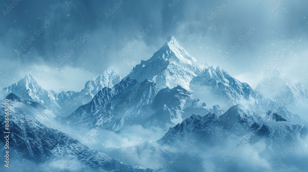 A mountain range covered in snow with a clear blue sky in the background A mountain range covered in snow with a clear blue sky in the background