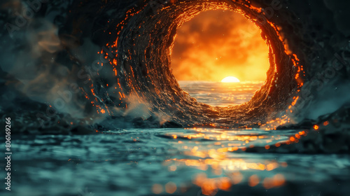 A large, fiery hole in the ocean with a sunset in the background photo