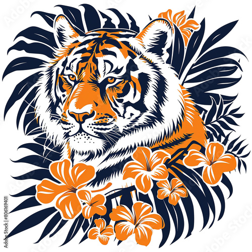 Coral Tiger head hand drawn with flower in illustration cartoon