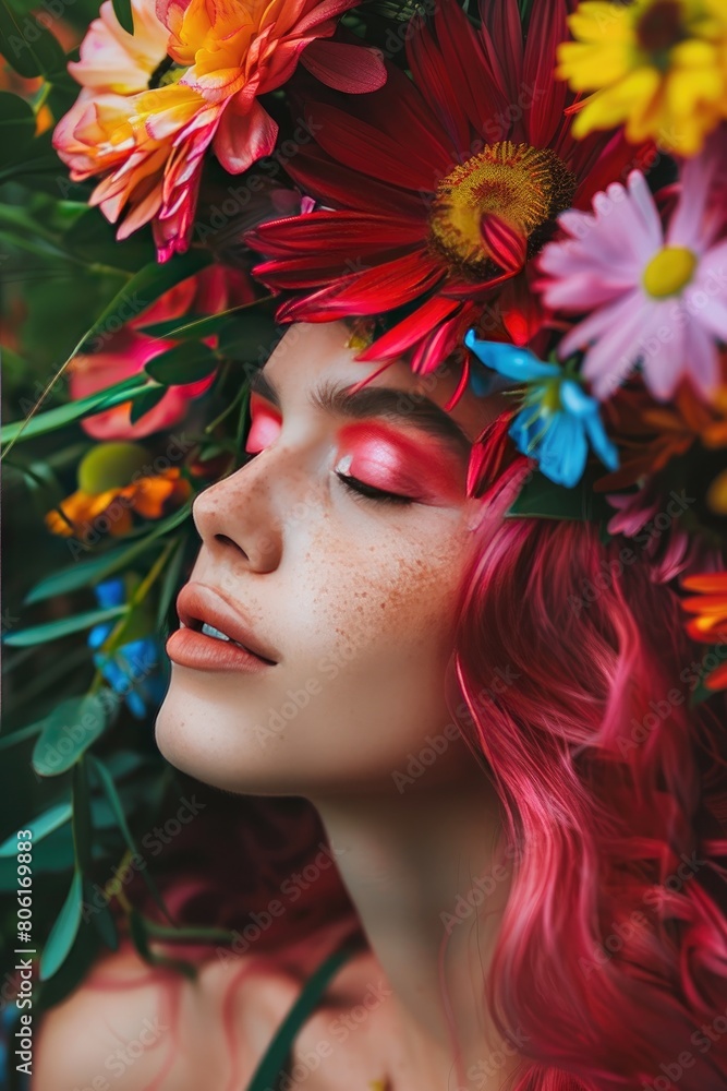 concept woman with flowers in her hair selective focus