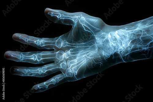 X-ray vision of a hand with electrical energy currents, Concept of human bioelectricity and medical imaging
