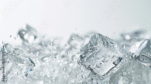 Water bubbles and ice cubes on a white background