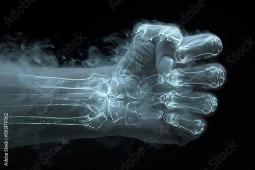 X-ray image of a hand with dynamic smoke effects, highlighting the intricacies of human bone structure, Concept of medical imaging and diagnostics photo