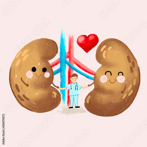 Doctor with kidneys. On a pink background. Cute illustration.