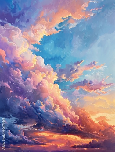 Soft pastel clouds in a sunrise by the watercolor painting  AI generative.