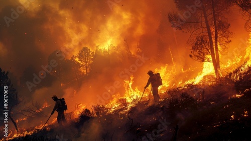 Firefighters using handheld tools to clear vegetation and create firebreaks, strategically controlling the spread of a forest fire to protect communities.