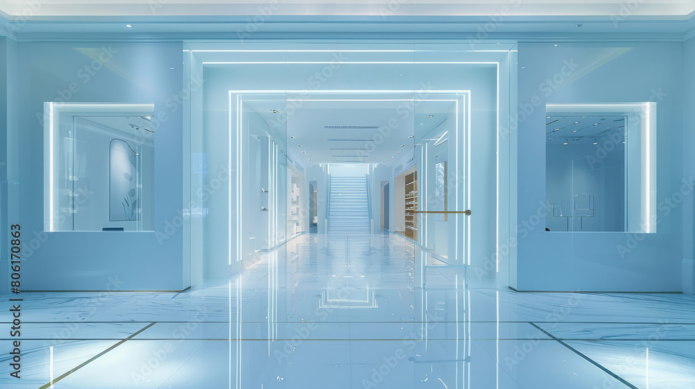 Facade of the building entrance light blue, inside the store white interior. Generative AI. Facade of the building entrance light blue, inside the store white interior. Generative AI.