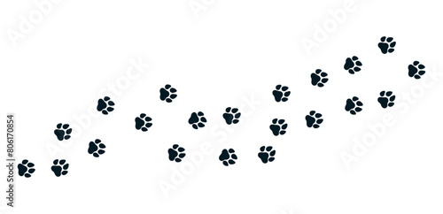 Dog paw print wave line. Cute cat pawprint. Pet foot trail. Black dog step silhouette. Simple doodle drawing. Vector illustration isolated on white background.