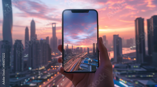 closeup shot of person holding mobile phone in hand and taking photo of beautiful sunset downtown of big city with skyscrapers, urban photography with smartphone camera