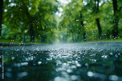 Rain falling on the asphalt with blurred background of trees in the park. water droplets splashing