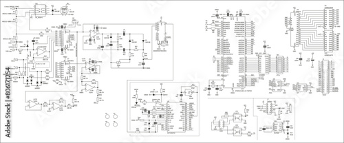 Schematic diagram of electronic device.
Vector drawing electrical circuit with 
integrated circuit, microcontroller,
resistor, capacitor, operational amplifier,
other components 
on white background.