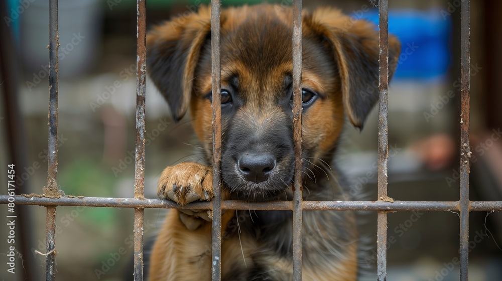 Dog peers through the metal bars of cage, symbolizing the plight of ...