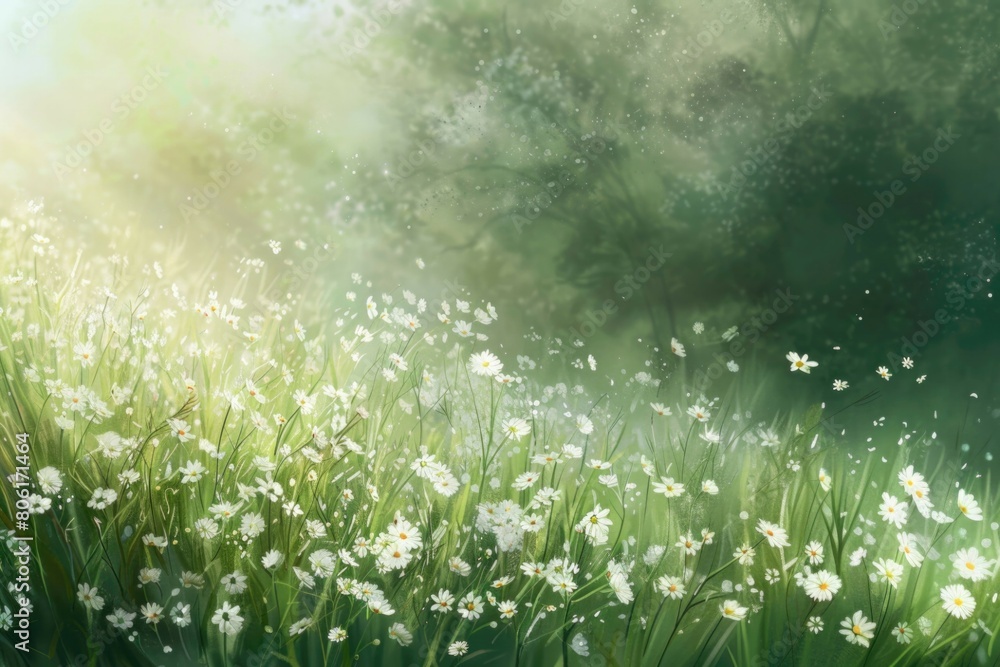 Obraz premium White Flowers on Green Field. Free Space. Copy Space.