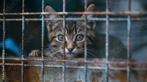 Cat peers through the metal bars of cage, symbolizing the plight of animals in shelters awaiting adoption, highlighting the need for charity support and the compassionate work of volunteers.