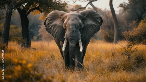 An elephant strolling through a field of tall grass