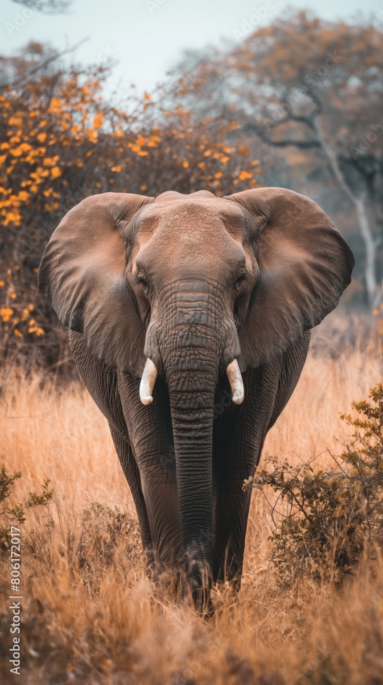 An elephant standing amongst trees in a field