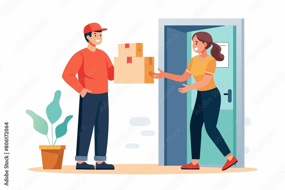 Courier gives box to customer.delivery services. Flat vector illustration.