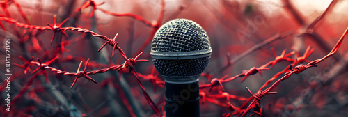 A microphone surrounded by red barbed wire symbolizes media repression and limited free speech photo