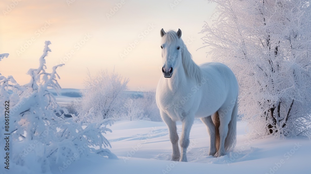 White horse in winter landscape at sunset. Beautiful white stallion portrait.