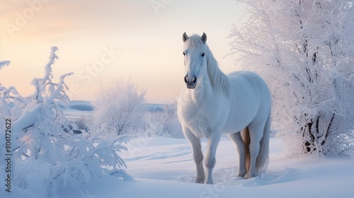 White horse in winter landscape at sunset. Beautiful white stallion portrait.